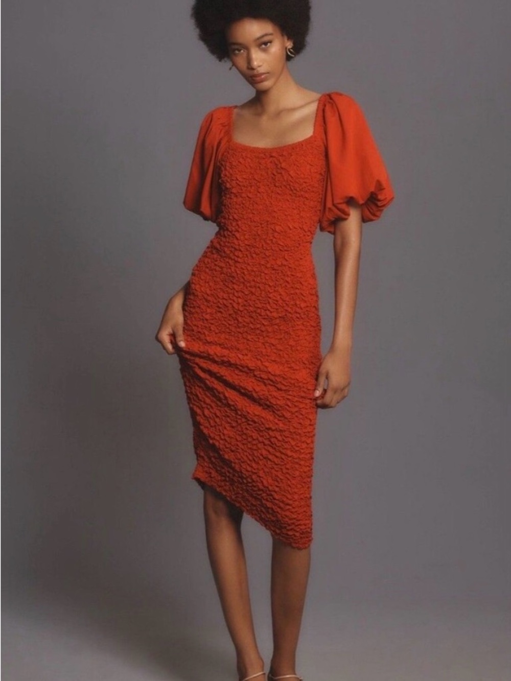 Anthropologie Dolan Red Puff Sleeve Pebble Smocked Ruched Midi Dress in Medium